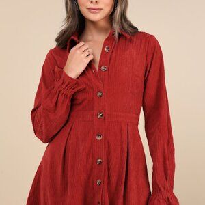 Lulus Autumn Mood Rust Red Corduroy Mini Dress With Pockets - Size M